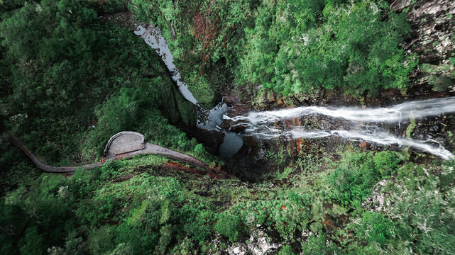 Aerial drone top-down view of Risco Waterfall at the Lagoa das 25 Fontes trail PR6, Madeira island, Portugal.