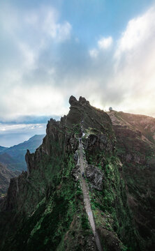 Aerial drone view of PR1 hike, stairway to heaven pathway, near Pico de Areeiro, Madeira Island, Portugal.