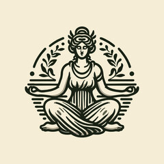 Classic Vintage Goddess Meditation Pose Minimalist Line Drawing Logo Illustration