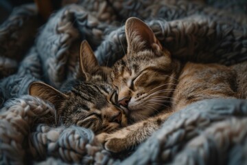 Naklejka na ściany i meble Two cats cuddling together on a soft blanket