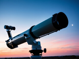 Big astronomical telescope under a twilight sky ready for stargazing.