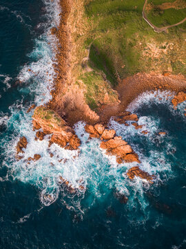 Aerial drone view of a rugged coastline in Philipp Island, Victoria, Australia.