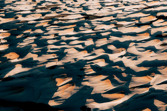 Aerial drone view of the volcanic rock formations in the Campo de Piedra Pomez, Puna, Catamarca, Argentina.