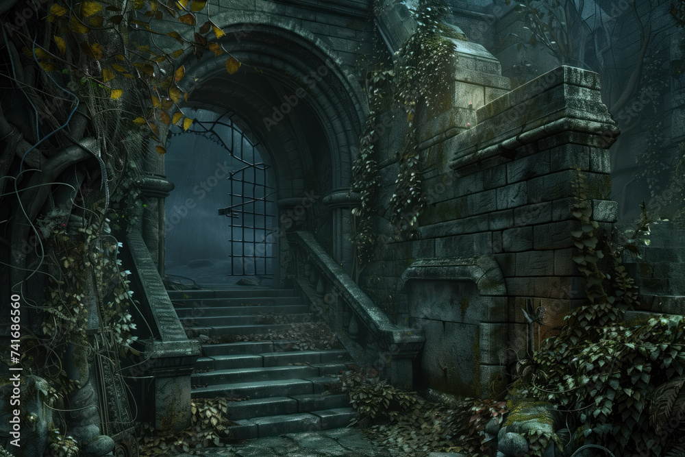 Poster old abandoned castle. a scenery for an adventurous quest. background image. created with generative 