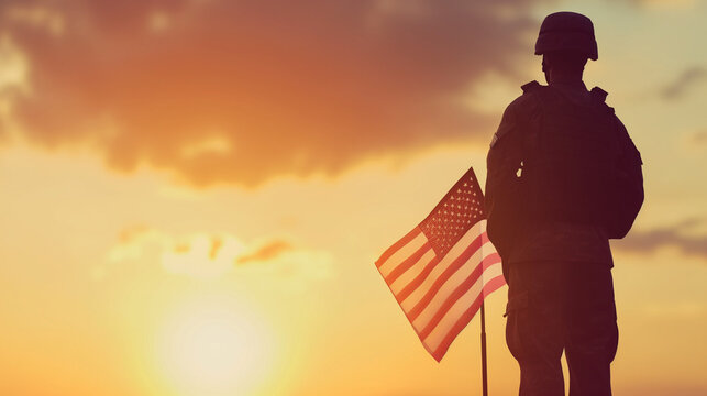 Soldier and USA flag on sunrise background .Concept National holidays , Flag Day, Veterans Day, Memorial Day, Independence Day, Patriot Day.
