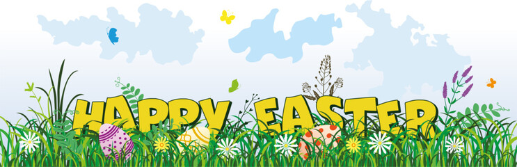 Happy Easter, congratulatory inscription and Easter eggs in the grass. Large letters in herbs and flowers. Easter composition, vector illustration.