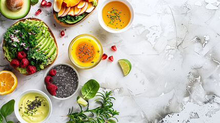 Healthy breakfast spread with avocado toast, raspberry, kale, bowls of yogurt with chia seeds, and fresh fruit juices on a white marbled background. Flat lay composition with place for text. Superfood - obrazy, fototapety, plakaty