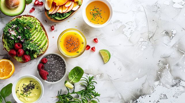 Healthy breakfast spread with avocado toast, raspberry, kale, bowls of yogurt with chia seeds, and fresh fruit juices on a white marbled background. Flat lay composition with place for text. Superfood