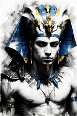 Pharaoh, golden figures. Ancient Egyptian hieroglyphs, pyramids, mysterious signs