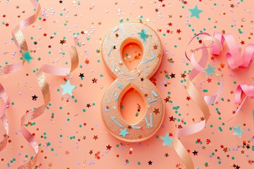 8 Anniversary girlish birthday celebration. Golden number 8 with sparkling confetti, stars, glitters and streamer ribbons, peach color palette background birthday 