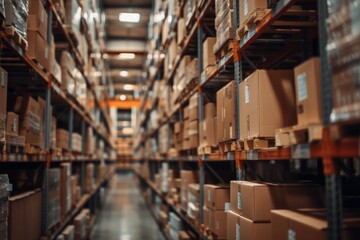 Stacks of cardboard boxes on shelves in a warehouse
