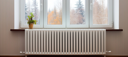 Heating radiator near the window in the room. Heating concept