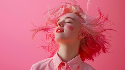 Naklejka premium A person with pink hair and vibrant makeup is captured mid-motion with a look of blissful enjoyment, against a pink background.