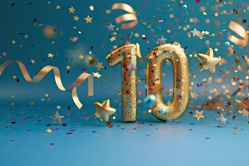 10 Anniversary celebration. Blue festive background with Golden number 10 with sparkling confetti, stars, glitters and streamer ribbons, blue color palette background