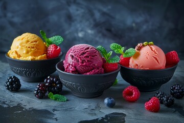 Three bowls of colorful ice cream with fresh berries and mint