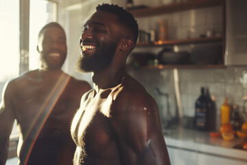Black male couple smiling looking happy doing morning routine in kitchen