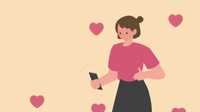 Pretty Girl Using Mobile Phone with Red Hearts love Reaction. Happy Young Woman Connect online in social media. Character cartoon Animation 