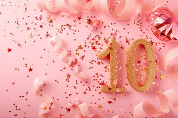 10 Anniversary celebration. Festive golden number 10 with sparkling confetti, stars, glitters and streamer ribbons, peach color palette background
