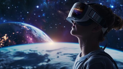 Person in VR Headset Marveling at the View of Planet Earth from Space, a Blend of Virtual and Physical Reality.