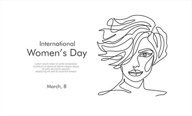 International women's day greeting card. Women faces in one continuous line drawing. Abstract female portrait in simple linear style. Vector illustration for 8 march	