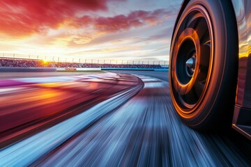 Racing car speeding on a track at sunset - obrazy, fototapety, plakaty