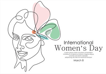 International women's day greeting card. Woman face with butterfly in one continuous line drawing. Abstract female portrait in simple linear style. Doodle Vector illustration for 8 march