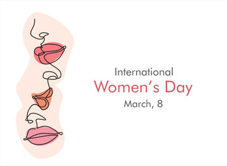 International women's day greeting card. Women faces in one continuous line drawing. Abstract female portrait in simple linear style. Vector illustration for 8 march 