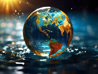 planet Earth on the water illuminated by sunlight. eco environment and earth day illustration