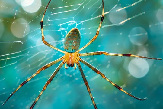 A large spider with long legs suspended on a web against a turquoise background.