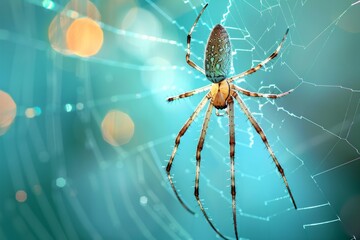 A large spider with long legs suspended on a web against a turquoise background.