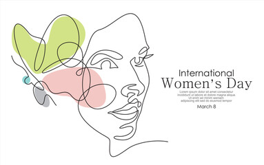 International women's day greeting card. Woman face with butterfly in one continuous line drawing. Abstract female portrait in simple linear style. Doodle Vector illustration for 8 march