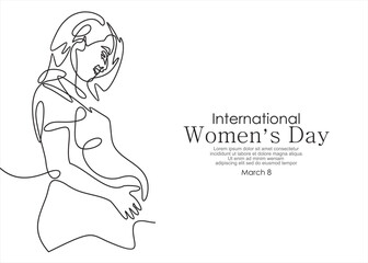 Single one line drawing Young beautiful pregnant woman standing with big belly. World population day. Continuous line draw design graphic vector illustration.
