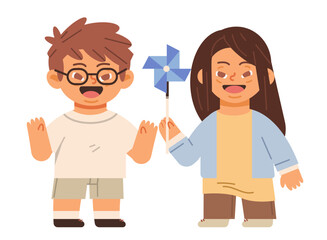 Beautiful boy and girl with special needs. Flat vector illustration