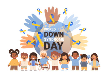 Group of multiracial lovely children with special needs. World down syndrome day banner