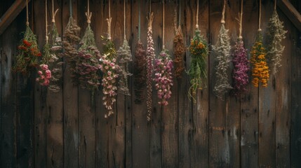 Whimsical Antique Apothecary Display with Hanging Dried Flowers.