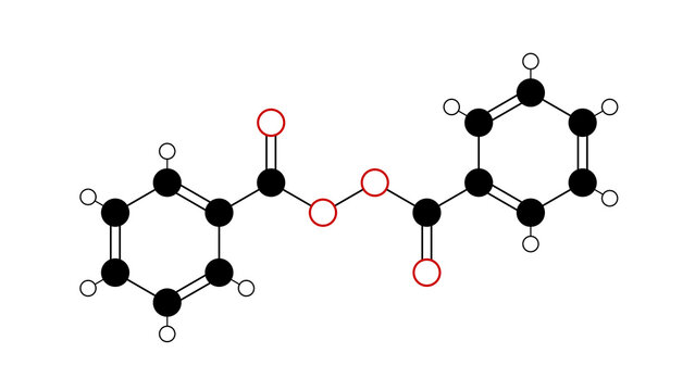 benzoyl peroxide molecule, structural chemical formula, ball-and-stick model, isolated image oxidizer