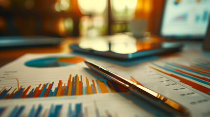 close-up of a financial report with graphs and a pie chart, a pen resting on the paper, and a tablet displaying additional colorful charts in the background. - Powered by Adobe