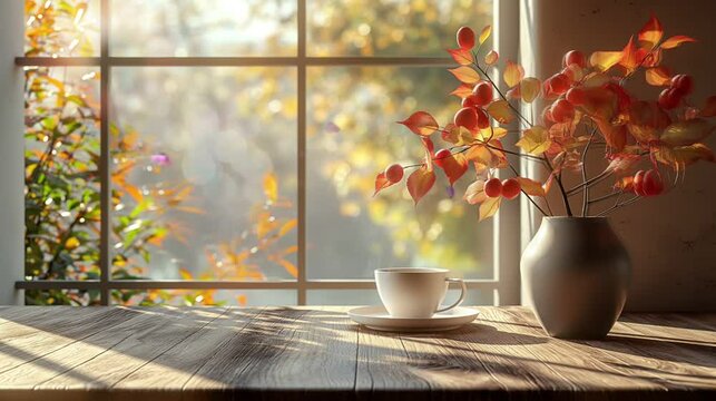 daylight saving time concept at sunrise,  enjoying coffee as near the window with leaves, on a wooden floor in the living room, videos.