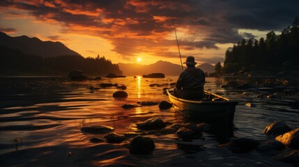 Fisherman in a boat on a lake at sunset, Canada