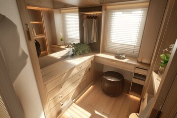 3D rendering of a luxury wardrobe with wardrobe and makeup table in the dressing room.