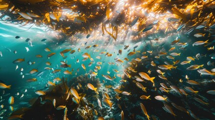 Photograph of a seaweed forest under the surface of the water. and schools of small fish On the surface of the water near an island in the middle of the sea