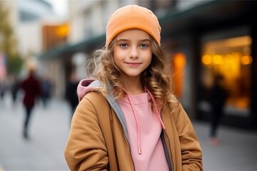 Outdoor fashion portrait of beautiful young woman wearing orange cap and coat