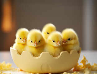 group of cute yellow newborn chicks