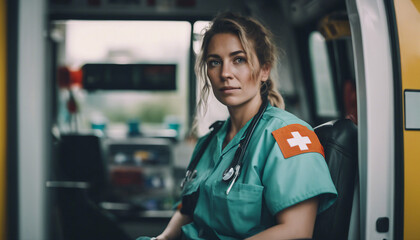 Female EMS Professional paramedic in Ambulance vehicle on the way to hospital

