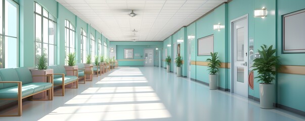 Brightly lit nursing home corridor exudes cleanliness and order inviting comfort. Concept Cleanliness, Order, Nursing Home, Comfort, Bright Lighting - obrazy, fototapety, plakaty