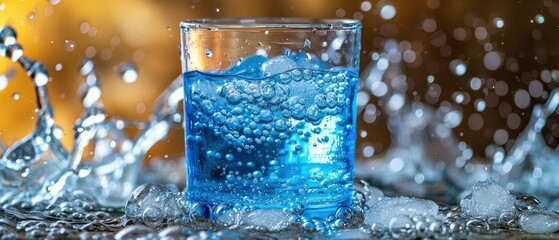 Refreshing Background, Water Splash with Ice Cubes and Glass, Symbolizing Refreshment and Cool Drink Concepts.