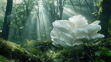 Fantasy translucent white mushroom image in a wide forest