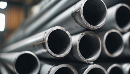 High quality steel pipe or aluminum in a stack waiting to be shipped in a warehouse, steel industry
