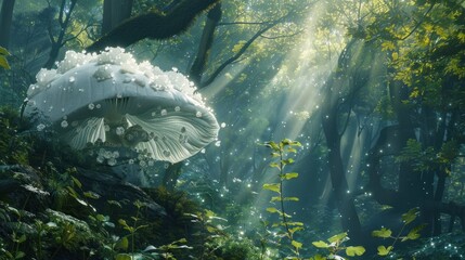 Fantasy translucent white mushroom image in a wide forest - obrazy, fototapety, plakaty