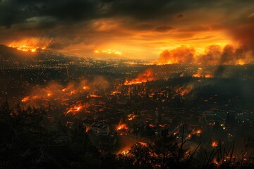 photograph of Forest fire, forest fire burns the city Climate change